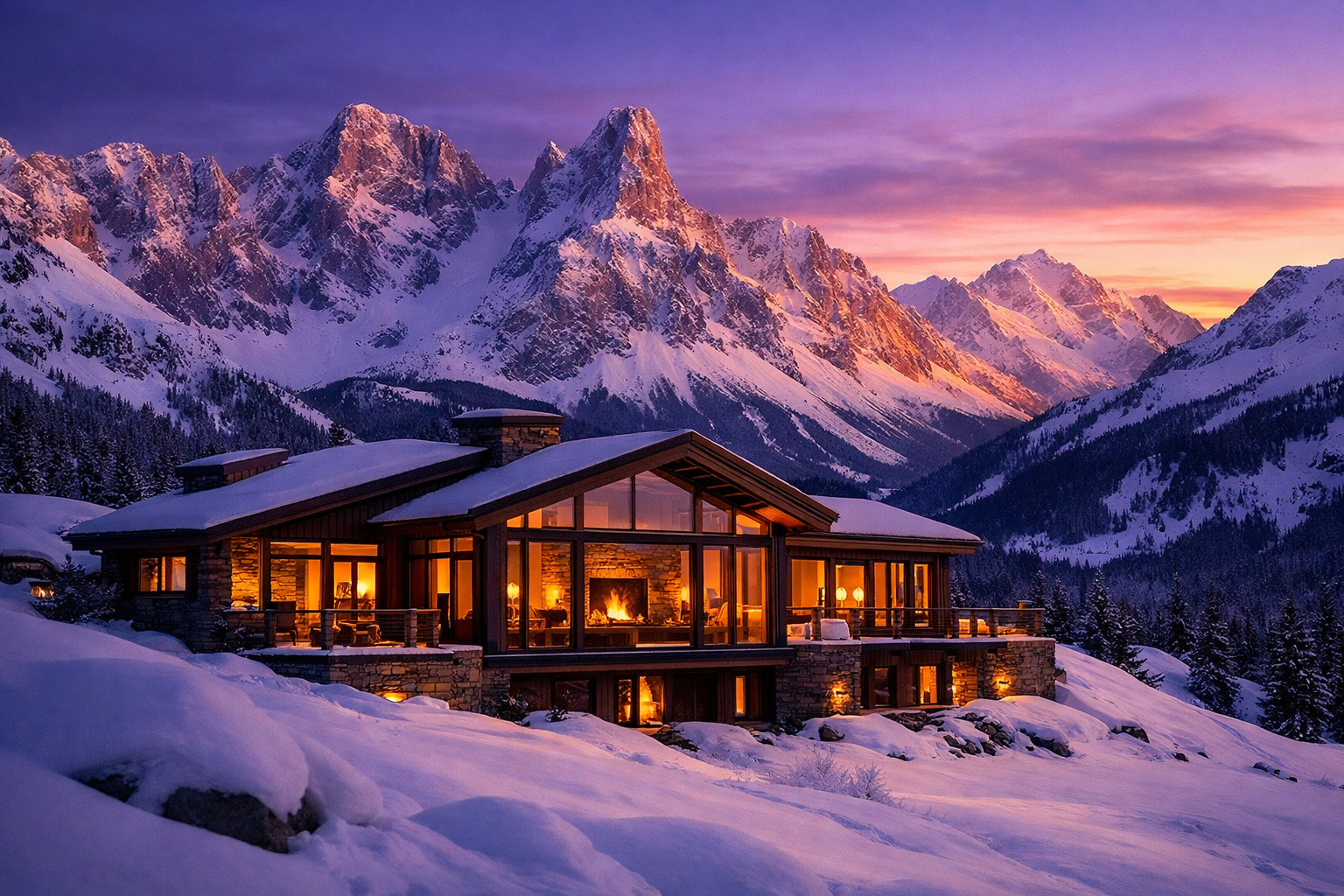 Private mountain lodge at dusk