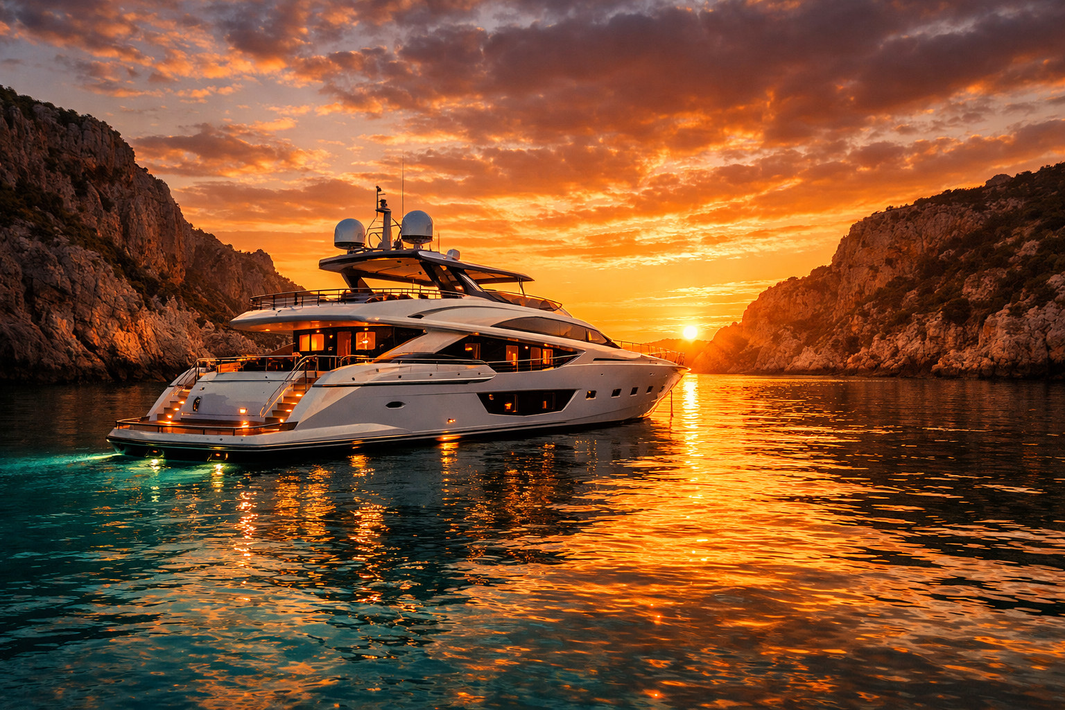 Superyacht at anchor at dusk